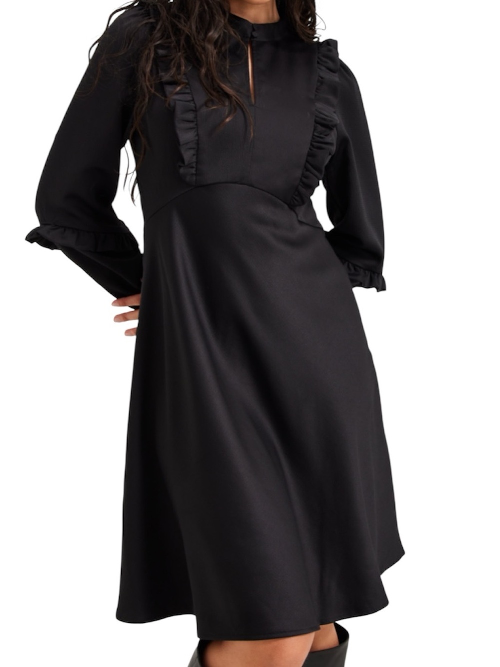 YAS Flounced details Ruffle-Trim Black Long Sleeve A-Line Midi  Dress Sz XL